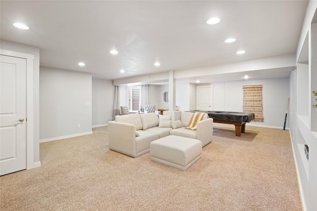 carpeted living room featuring pool table