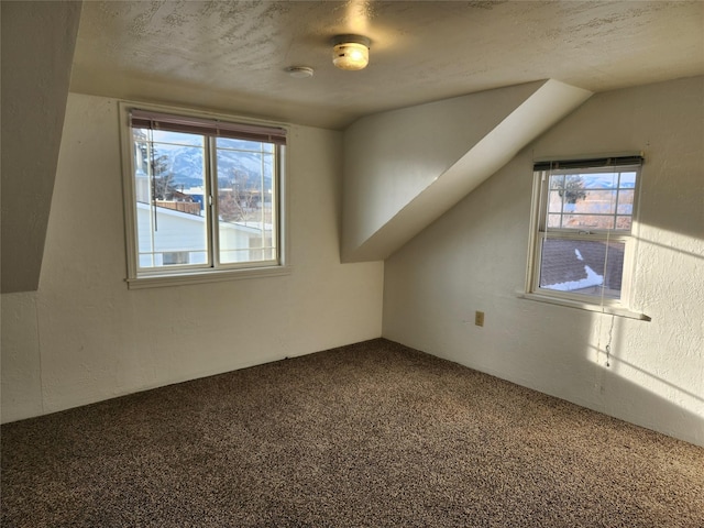 bonus room with a textured ceiling, vaulted ceiling, and carpet flooring