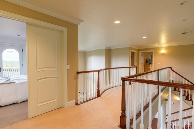 126 Soaring Eagle Dr, Whitefish, MT 59937 - corridor featuring recessed lighting, visible vents, baseboards, carpet, and crown molding