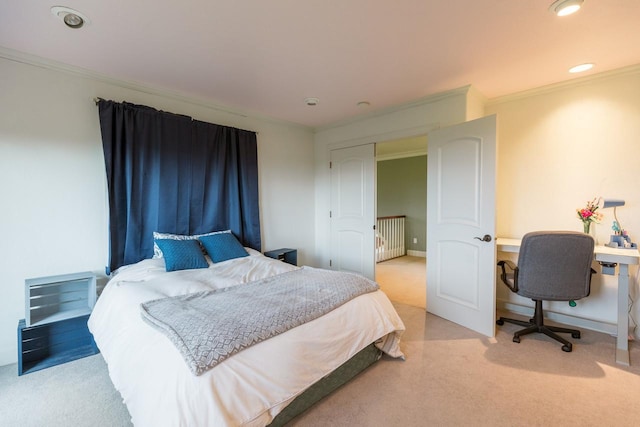 126 Soaring Eagle Dr, Whitefish, MT 59937 - bedroom featuring light carpet, ornamental molding, baseboards, and recessed lighting