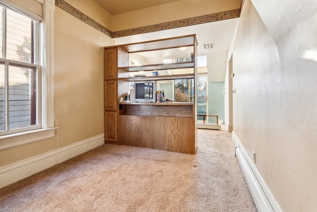 interior space with light carpet and a baseboard radiator