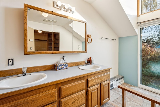 bathroom featuring lofted ceiling, plenty of natural light, and vanity