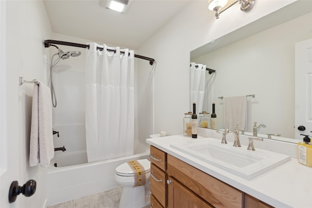 bathroom with toilet, visible vents, shower / bath combination with curtain, and vanity