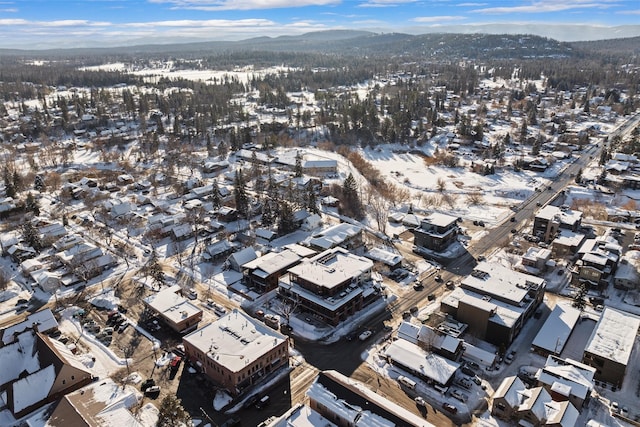 snowy aerial view with a mountain view