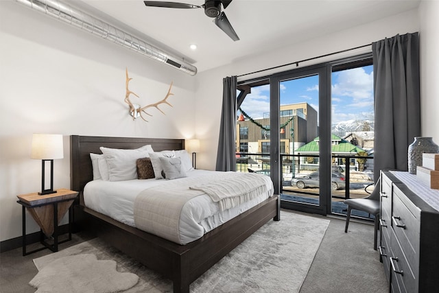 206 Lupfer Ave Unit 105, Whitefish, MT 59937 - bedroom featuring access to outside, light carpet, recessed lighting, and a ceiling fan