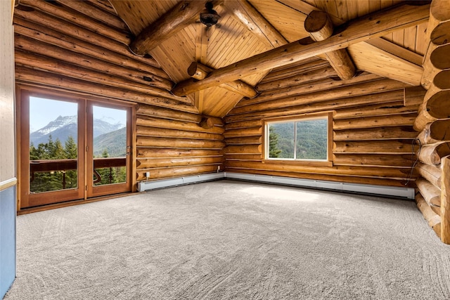 21 Barnes Ln, Noxon, MT 59853 - carpeted empty room with wooden ceiling, log walls, beamed ceiling, and a mountain view