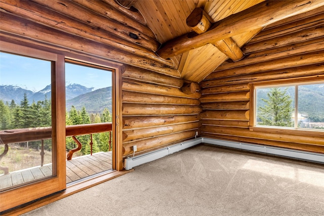 21 Barnes Ln, Noxon, MT 59853 - unfurnished sunroom featuring a mountain view, a baseboard heating unit, wood ceiling, and vaulted ceiling with beams