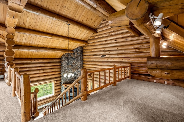 21 Barnes Ln, Noxon, MT 59853 - interior space featuring wooden ceiling, carpet floors, and vaulted ceiling with beams