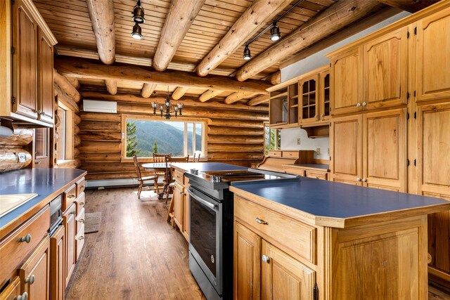 21 Barnes Ln, Noxon, MT 59853 - kitchen featuring electric stove, wooden ceiling, hardwood / wood-style flooring, a center island, and track lighting