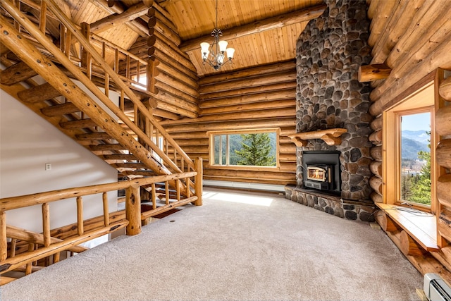 21 Barnes Ln, Noxon, MT 59853 - unfurnished living room featuring wooden ceiling, beam ceiling, high vaulted ceiling, baseboard heating, and carpet floors
