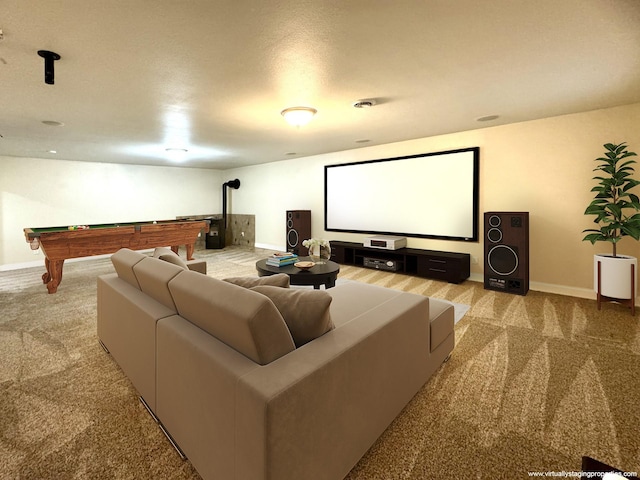 home theater featuring baseboards, light colored carpet, and pool table