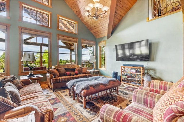 290 Wilderness Club Dr, Eureka, MT 59917 - living room with high vaulted ceiling, light wood-style floors, wood ceiling, and an inviting chandelier