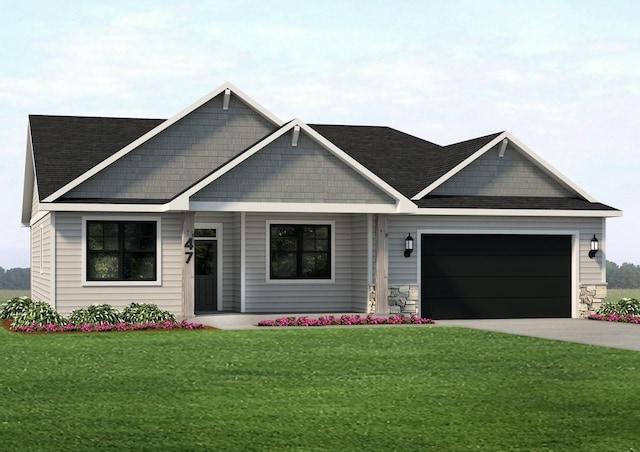 view of front of property featuring a garage, stone siding, a front lawn, and driveway