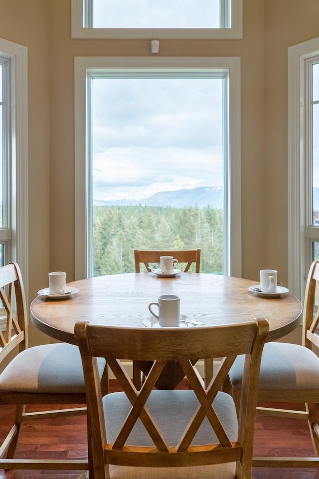 dining space featuring a wooded view, a mountain view, and a healthy amount of sunlight