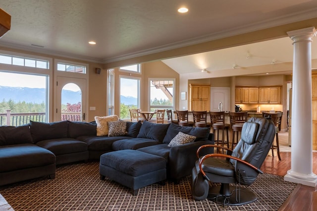 living room featuring ornamental molding, recessed lighting, ornate columns, and wood finished floors