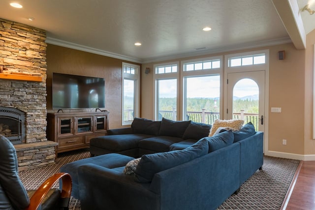 living area with ornamental molding, a fireplace, baseboards, and dark wood-style floors