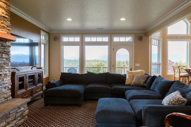 living room with carpet, ornamental molding, a textured ceiling, and recessed lighting