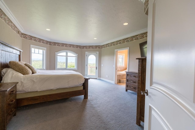 bedroom with access to exterior, dark colored carpet, ornamental molding, and baseboards