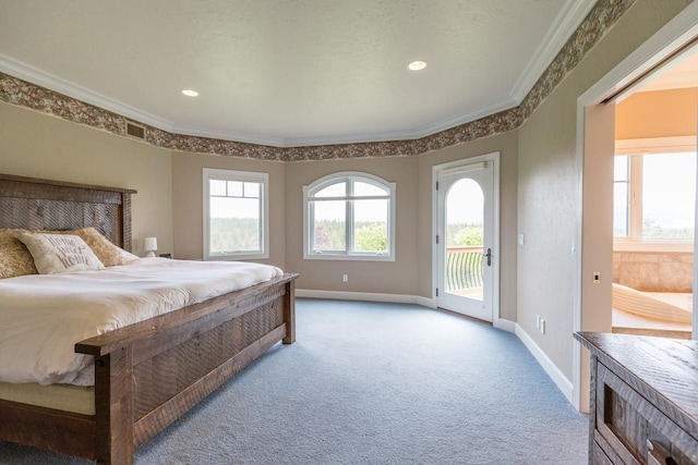 bedroom featuring light carpet, ornamental molding, visible vents, and access to exterior