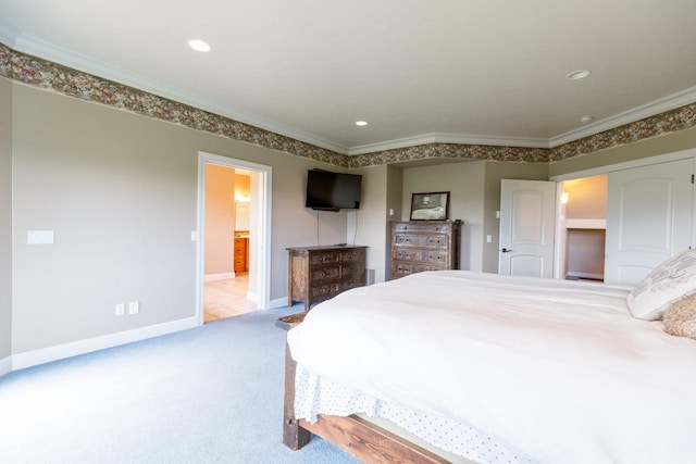 bedroom with ornamental molding, light carpet, and baseboards