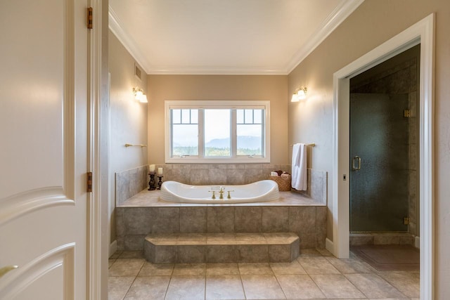 full bath with ornamental molding, a stall shower, tile patterned flooring, and a bath