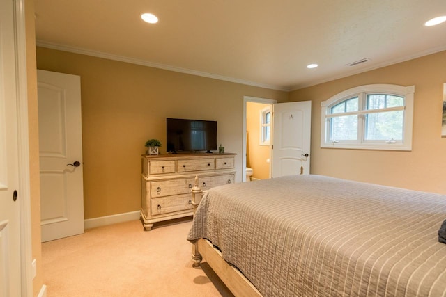 bedroom featuring light carpet, visible vents, baseboards, and crown molding