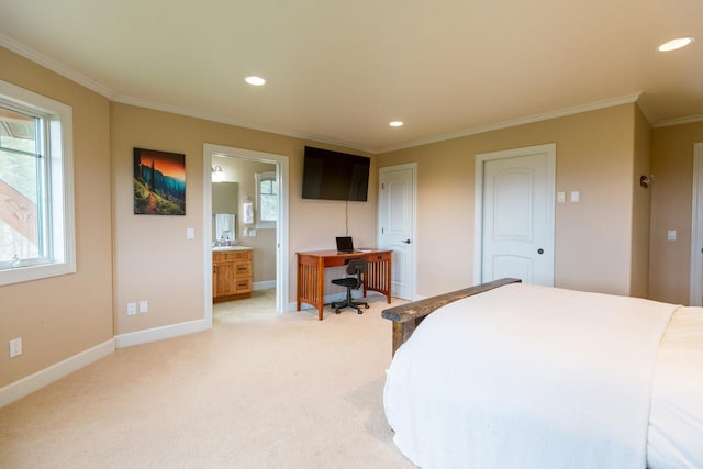 bedroom with connected bathroom, recessed lighting, light colored carpet, baseboards, and ornamental molding