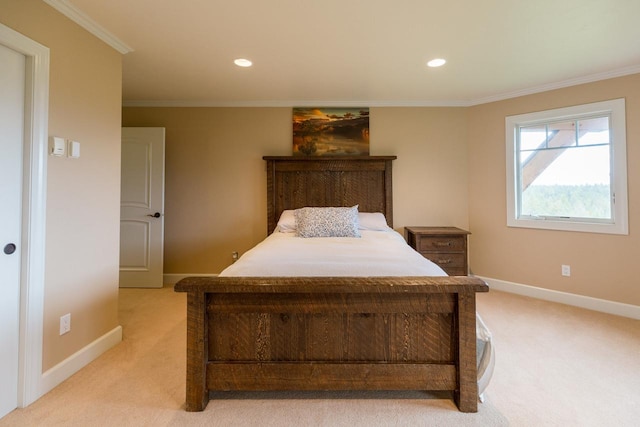 bedroom with ornamental molding, recessed lighting, light colored carpet, and baseboards