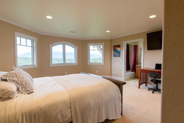 bedroom with light carpet, ornamental molding, and multiple windows