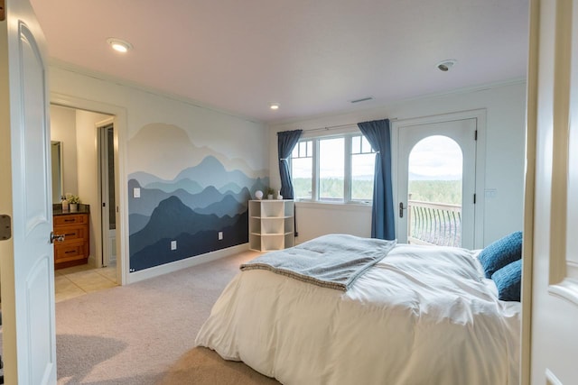 bedroom featuring light carpet, access to outside, baseboards, and ornamental molding