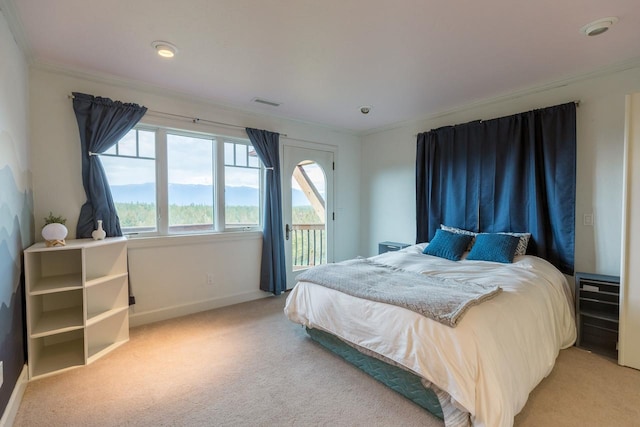 bedroom featuring light carpet, visible vents, baseboards, access to outside, and ornamental molding