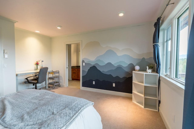 bedroom with recessed lighting, light colored carpet, crown molding, and baseboards