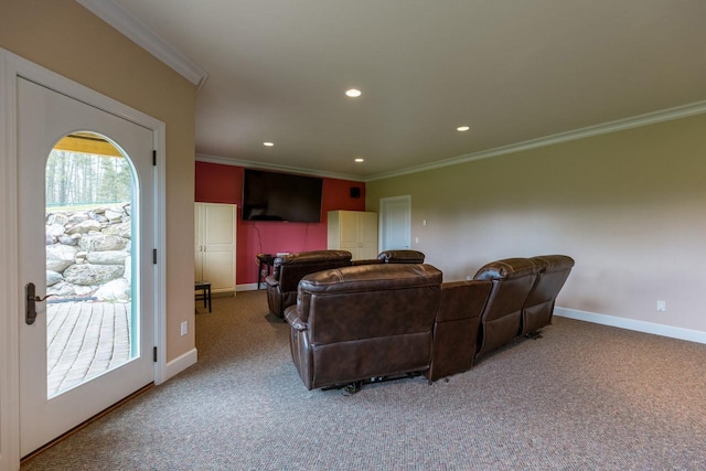 living area with ornamental molding, carpet, recessed lighting, and baseboards