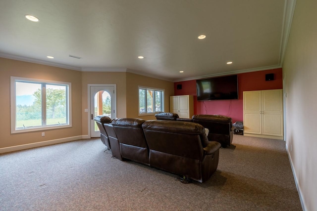 living room with light carpet, baseboards, and crown molding