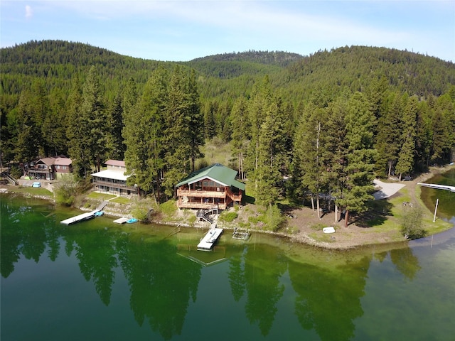 drone / aerial view featuring a water view and a view of trees
