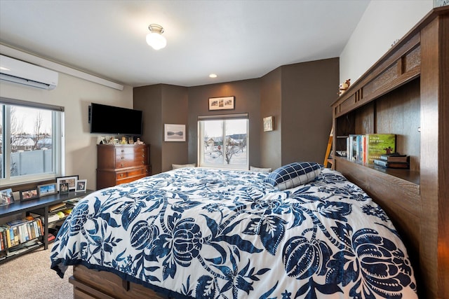 bedroom with carpet flooring and a wall mounted AC