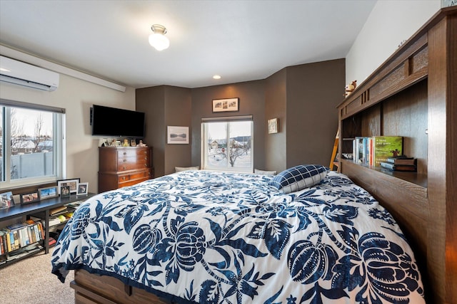 carpeted bedroom featuring a wall mounted air conditioner