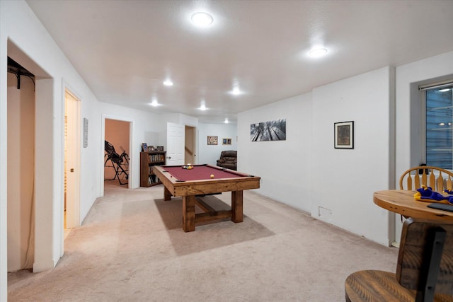 recreation room with recessed lighting, pool table, and light colored carpet
