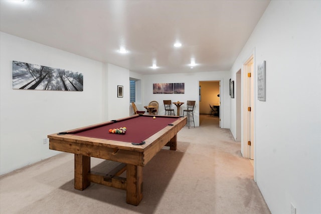 recreation room featuring pool table, recessed lighting, and light colored carpet