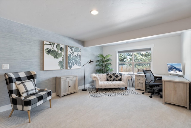 home office with light colored carpet