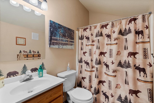 71 Limber Pne Unit 71, Whitefish, MT 59937 - bathroom featuring vanity, vaulted ceiling, and curtained shower