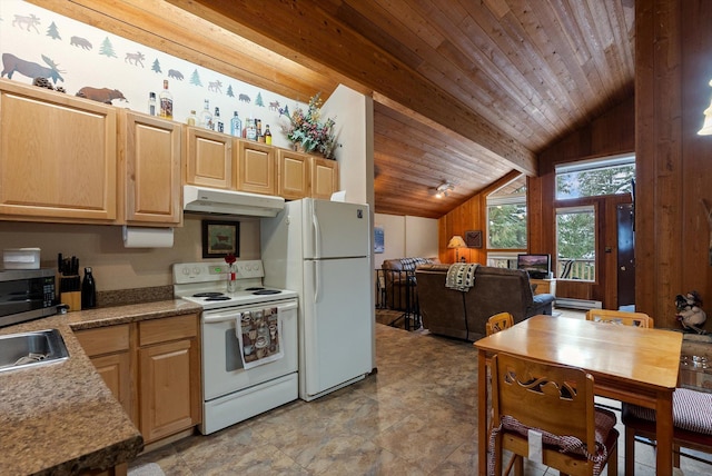 71 Limber Pne Unit 71, Whitefish, MT 59937 - kitchen featuring white appliances, extractor fan, wood ceiling, and light brown cabinets