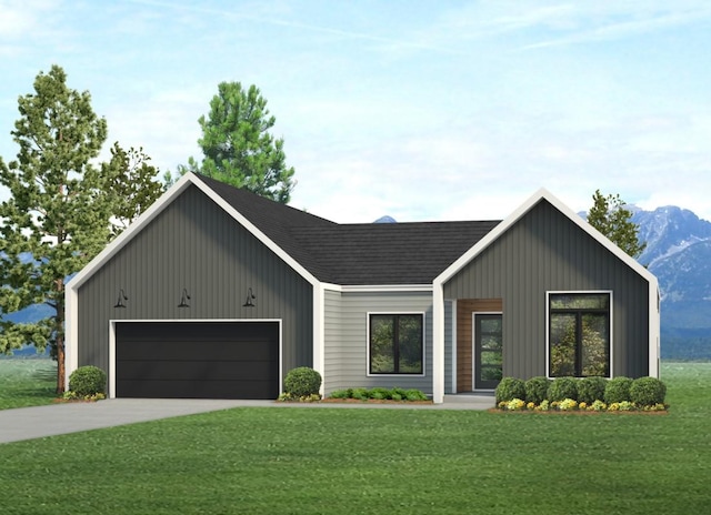 modern farmhouse with roof with shingles, an attached garage, a front yard, a mountain view, and driveway