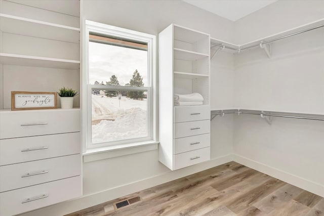 spacious closet with light wood-type flooring and visible vents