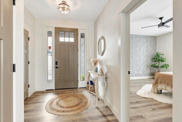 foyer with wallpapered walls, light wood finished floors, baseboards, a ceiling fan, and an accent wall