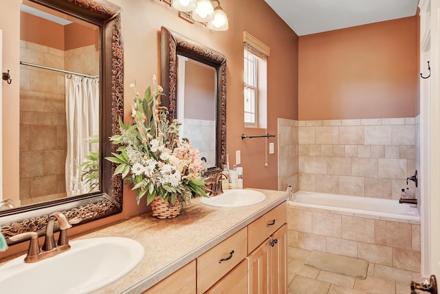 full bath featuring tiled tub, tiled shower, a sink, and double vanity