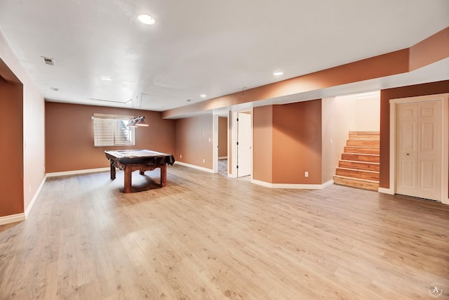 recreation room with recessed lighting, pool table, visible vents, light wood-type flooring, and baseboards