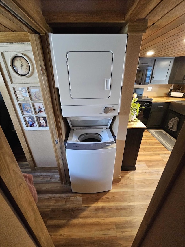 301 Kingfisher Loop, Eureka, MT 59917 - clothes washing area with stacked washer and clothes dryer and light wood-style flooring