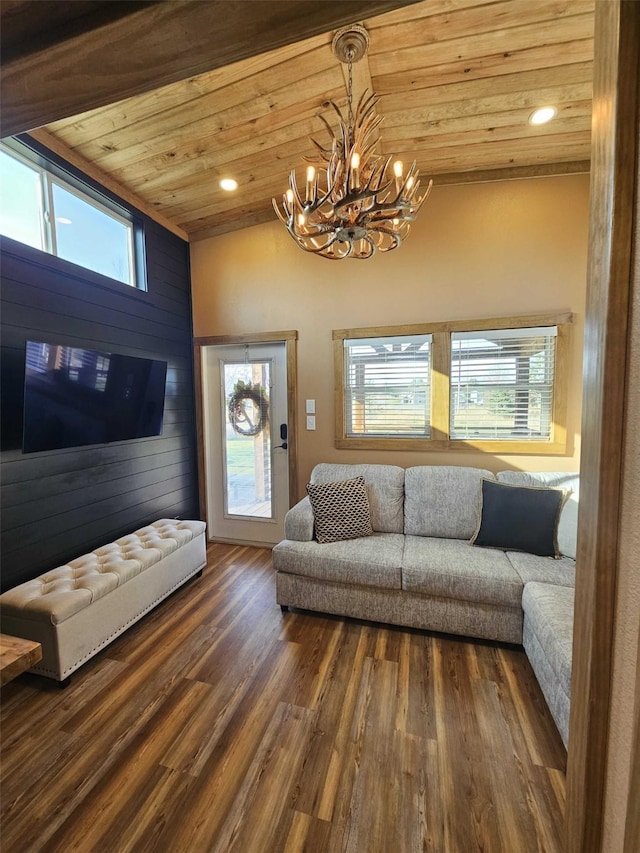 301 Kingfisher Loop, Eureka, MT 59917 - living room with wooden ceiling, a chandelier, wood finished floors, recessed lighting, and wooden walls