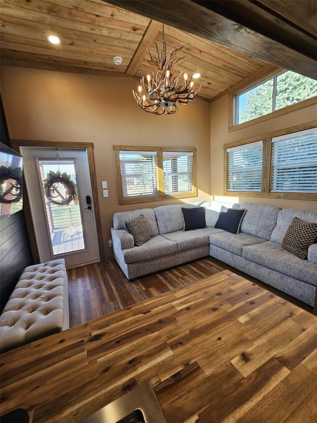 301 Kingfisher Loop, Eureka, MT 59917 - living room with a chandelier, dark wood finished floors, wood ceiling, and recessed lighting